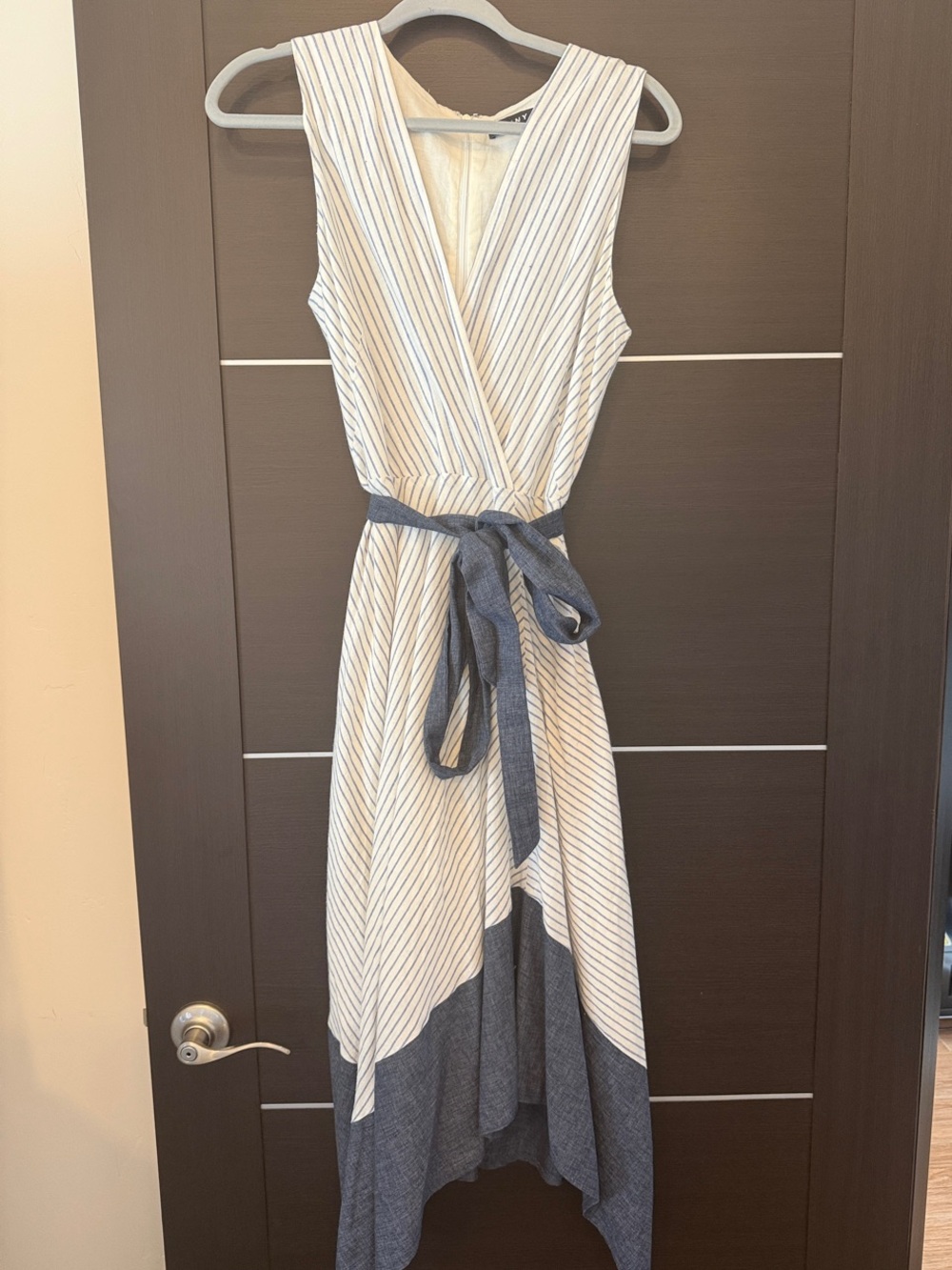 Dkny White & Blue Striped Asymmetrical Wrap Dress